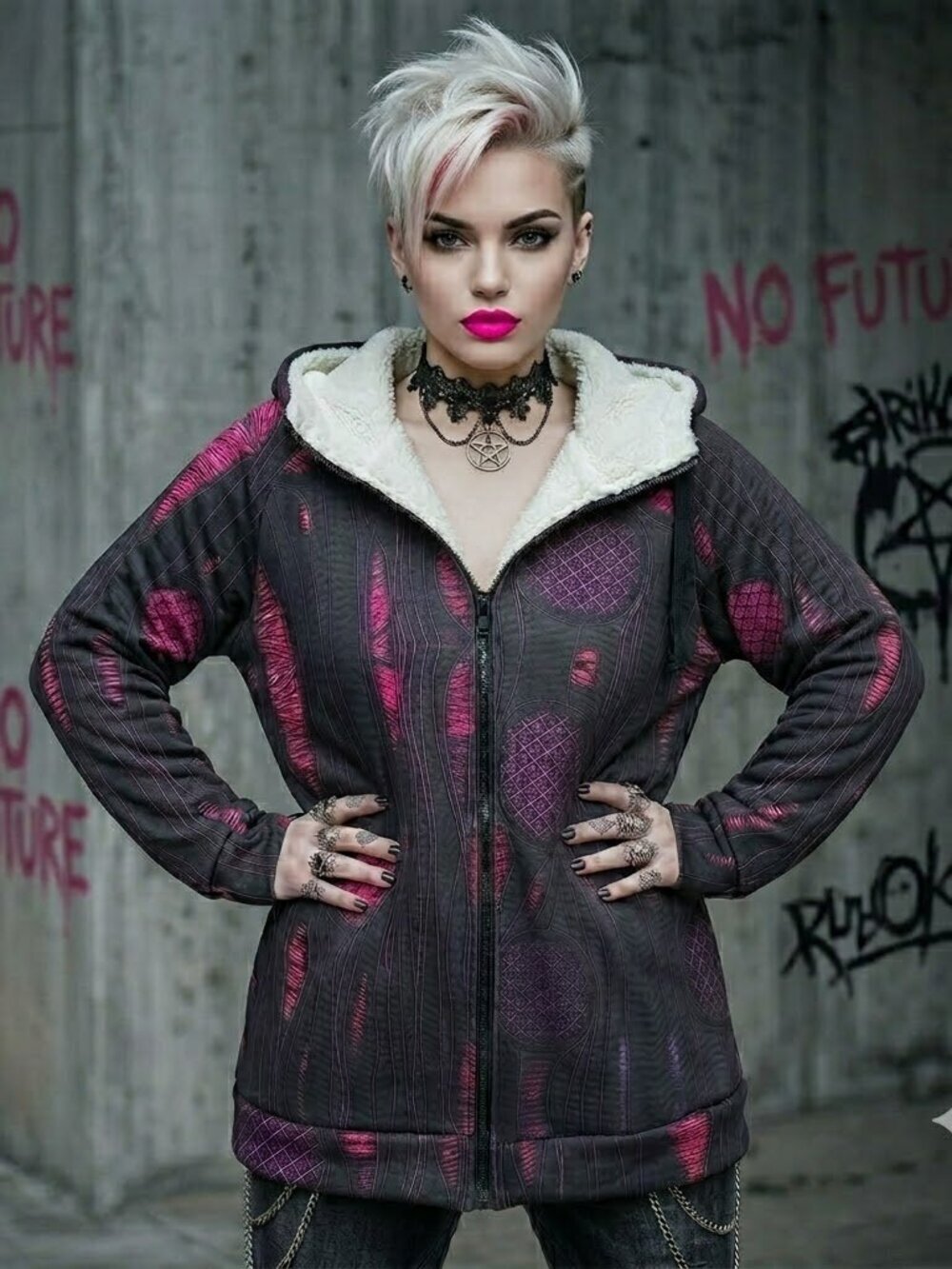 Pink Punk Rock Fleece Cozy Zip Up Jacket Black Fishnet Stocking Coat 2x/3x Goth